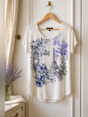 B.L.E.U. White and Purple Paris Print Short Sleeve Top Size XL